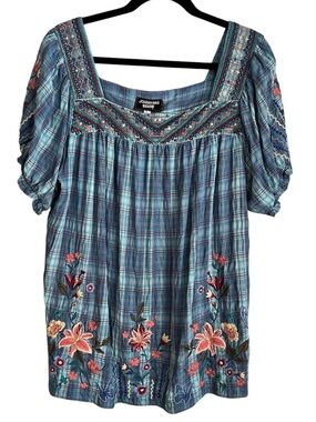 Johnny Was Workshop Aimee Blue Plaid Embroidered Peasant Top Size Large